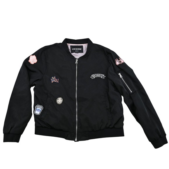 Joe Boxer Jackets & Blazers - Joe Boxer Womens Black Bomber Jacket Patches Smiley Coffee Bossy Full Zip L